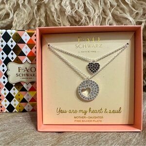 FAO Schwarz Silver Heart Mother Daughter Gift Necklace Set
